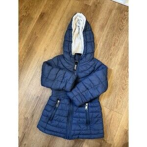 DKNY Kids Faux Fur Jacket Girls Size‎ 4T Blue Hooded Full Zip Long Sleeve Coat